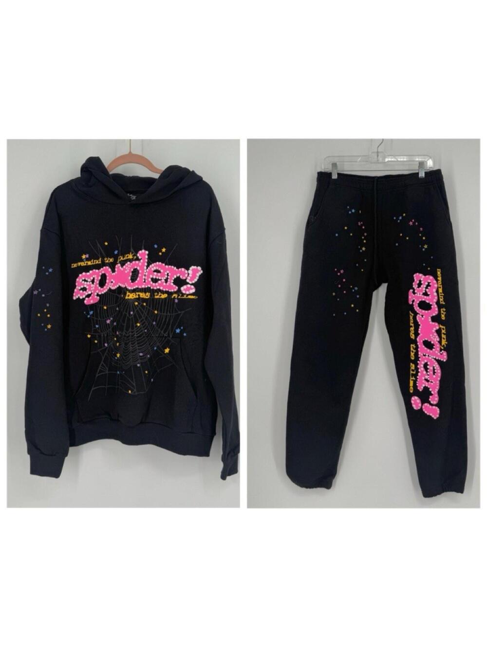 Sp5der Spider set mens large L black pink streetwear hoodie joggers star pink